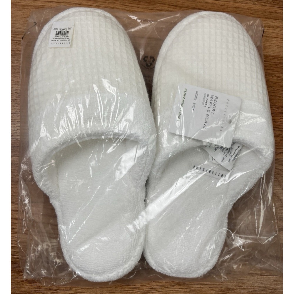 Pottery Barn Resort Waffle Weave Slippers, White Size Medium Discontinued NEW